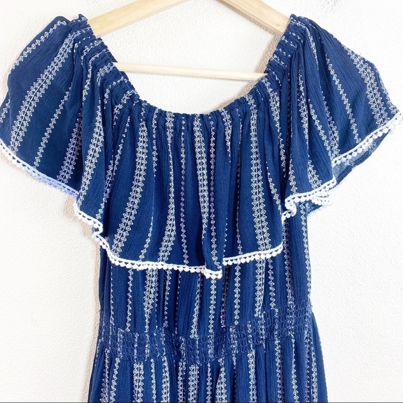 Lulus Off the Shoulder Romper Blue Embroidered Size Large - Picture 5 of 8